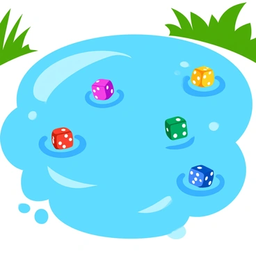 Colorful dice in various shades, including red, blue, and green, are floating on the surface of a clear blue pond. The water reflects the sunlight, creating shimmering patterns around the dice. Ripples gently spread from the edges of the dice, disrupting the smooth surface of the water. Lush green plants line the edges of the pond, providing a vibrant contrast to the blue water.