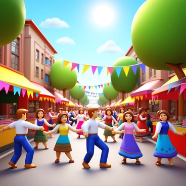 A lively street festival scene with numerous people wearing "traditional attire" engaged in "dancing". Colorful decorations hang from buildings and trees, creating a vibrant atmosphere. Stalls with "food and crafts" line the streets, and "banners" flutter in the breeze. The sun shines brightly overhead, illuminating the joyful faces of the festival-goers.