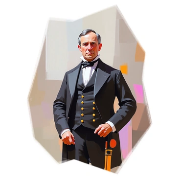 A classic portrait of "Sam Houston," depicted standing with a confident posture. He is wearing formal 19th-century attire, featuring a dark tailcoat, a white dress shirt with a high collar, and a cravat tied neatly at his neck. His expression is serious and thoughtful, capturing his historical significance. The background is a neutral color, allowing the focus to remain on his figure and attire. His hair is styled neatly, adding to the dignified appearance of this prominent historical figure.