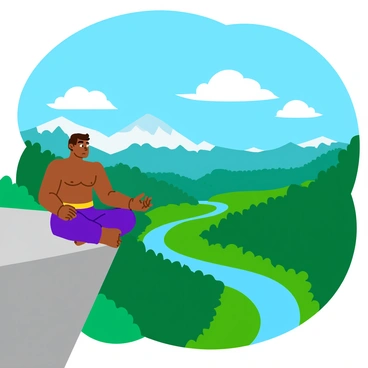 Kratos is seated cross-legged on a rocky cliff edge, his muscular figure silhouetted against the bright sky. He has a calm and focused expression, with his eyes closed in meditation. Below, a vast valley stretches out, filled with lush green trees and a winding river that reflects the sunlight. The landscape features distant mountains with snow-capped peaks, adding depth to the scene. Fluffy white clouds drift lazily in the blue sky above, enhancing the sense of tranquility.