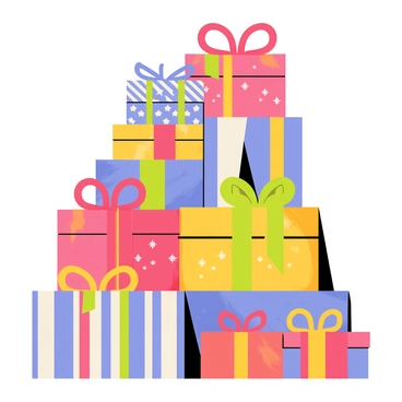 A towering stack of gifts is arranged neatly, each box wrapped in shiny, colorful paper. The gifts come in various sizes, from small square boxes to large rectangular ones. Bright ribbons in shades of red, blue, green, and gold are tied around each gift in elaborate bows. Some gifts have patterns such as stars and stripes, while others are adorned with festive illustrations. The stack creates an eye-catching display, drawing attention with its vibrant colors and cheerful appearance.