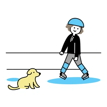 A young skater practicing with their supportive dog watching from the edge of the rink.