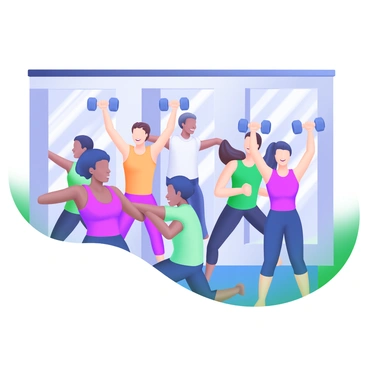 A modern pastel illustration of a group fitness class consisting of diverse individuals synchronized in the motion of shoulder presses. Each participant is wearing colorful workout attire, showcasing a variety of patterns and styles. They are positioned in a spacious, well-lit studio with large mirrors reflecting their movements. The instructor, standing at the front, is guiding the class with an encouraging expression. Dumbbells are held in each person's hands, and some participants are smiling while others are focused. The atmosphere conveys energy and teamwork as they all raise their weights above their heads in unison.