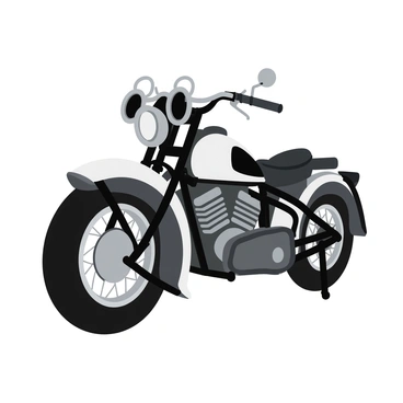 A vintage motorcycle in black and white, featuring a sleek design with a shiny chrome finish. The motorcycle has a classic round headlight and ornate detailing on the body. Perched on the handlebars are a pair of large, round glasses with dark lenses, adding a touch of character. The wheels are spoked and the tires are thick, giving the motorcycle a rugged appearance. The entire scene is set against a simple, unadorned background to emphasize the motorcycle's intricate features.