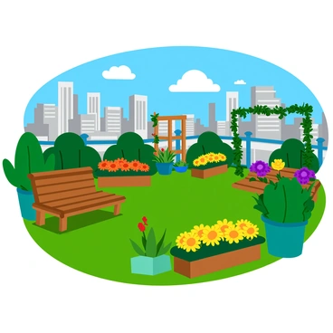 A rooftop garden in a bustling city filled with various vibrant plants and colorful flowers. The garden features large green potted plants alongside blooming flower beds in shades of red, yellow, and purple. The background includes tall city skyscrapers under a clear blue sky. There are wooden benches scattered throughout the garden, providing places to sit and enjoy the view. A small wooden trellis is adorned with climbing vines, adding vertical interest to the garden. Sunlight casts gentle shadows on the colorful blooms, enhancing the lively atmosphere.