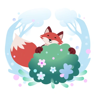 A curious red fox with a bushy tail is peeking out from behind a vibrant bush filled with green leaves and colorful blossoms. The forest around the fox is alive with blooming flowers in various pastel shades. Sunlight filters through the tree canopy, creating a soft play of light and shadow on the forest floor. Delicate petals scatter gently around the base of the bush, adding to the seasonal atmosphere of spring.