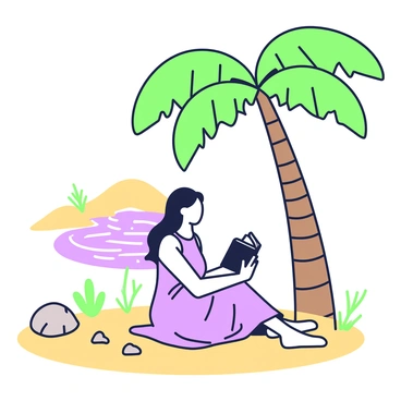 A woman is sitting under the shade of a palm tree in a desert oasis. She has long flowing hair and is wearing a flowing dress that drapes around her. In her hands, she holds a book, intently reading the pages. Surrounding her are a few scattered stones and some small desert plants. The palm tree has a thick trunk and lush green fronds that provide shade. In the background, there is a small body of water reflecting the light, with ripples visible on the surface. The sandy ground is warm and smooth beneath her.