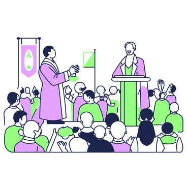 A historical figure stands on a raised platform delivering a speech. The speaker is dressed in period-appropriate attire, which includes a coat with a high collar and a waistcoat. In front of the speaker, an attentive crowd is gathered, with individuals of varying ages and attire, all facing towards the platform. Some crowd members are holding hats or flags. The scene captures the enthusiasm and engagement of the audience, with a few individuals depicted in mid-applause. In the background, there are banners or flags, adding to the atmosphere of the gathering.