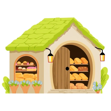 A quaint hobbit bakery with a round wooden door and a thatched roof covered in green moss. The exterior is adorned with blooming flowers in window boxes and a cobblestone path leading to the entrance. Inside, shelves filled with golden-brown loaves of fresh bread and an assortment of pastries are displayed. A warm glow emanates from hanging lanterns, illuminating the wood-paneled walls. The aroma of fresh bread and pastries wafts out into the surrounding garden, inviting passersby to enter.