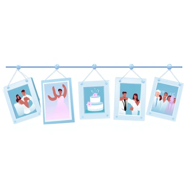 A collection of elegant frames hanging in a row. Each frame contains a different wedding moment, such as a couple dancing, a wedding cake with floral decorations, and a joyous gathering of friends and family. The frames are finely crafted with intricate designs in a gradient of pastel colors. Soft lighting illuminates the frames, highlighting the beauty of each cherished moment within them.