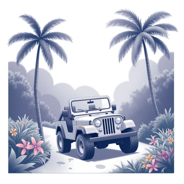 A jeep is traversing a narrow dirt path surrounded by a dense tropical forest. The vehicle is positioned slightly off-center, showcasing its rugged design with large tires and an open top. Tall palm trees are towering on either side, their fronds arching overhead, creating a natural canopy. Lush greenery fills the scene, with various plants and vibrant flowers dotting the landscape. The flowers are depicted in various sizes and shapes, contributing to the diversity of the forest environment. Sunlight filters through the leaves, creating dappled shadows on the ground around the jeep.