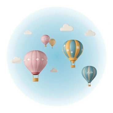 Several colorful hot air balloons are floating in a bright blue sky, each balloon designed with unique patterns. One balloon is decorated with stars and stripes, another features floral designs, while a third has geometric shapes. Each balloon has a different message written on it in various languages, such as "Hello" in English, "Bonjour" in French, and "Hola" in Spanish, all clearly visible against the vibrant colors of the balloons. The scene is peaceful, with a few fluffy white clouds scattered in the sky, creating a beautiful contrast to the balloons.
