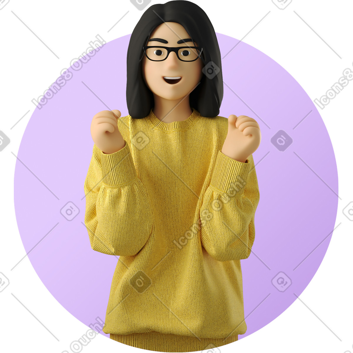 Illustration Avatar d'une femme joyeuse levant les poings dans le style 3D Business à télécharger aux formats PNG, SVG