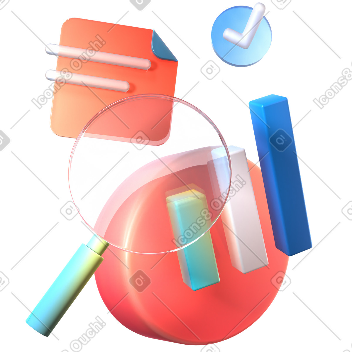 3D morphis business analytics with magnifying glass illustration in Experimental style download in PNG, SVG