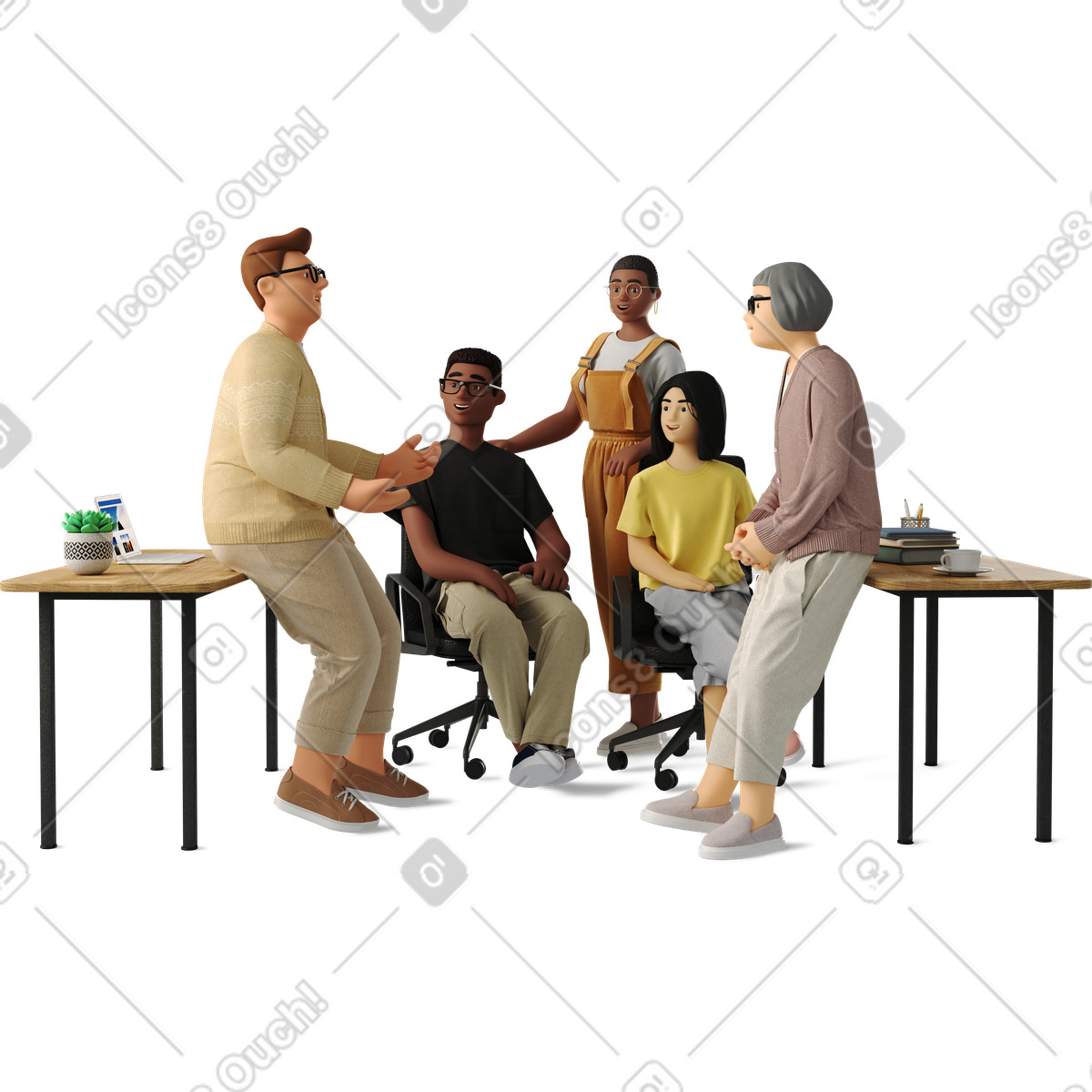 Five colleagues discussing work illustration clipart graphic vectors for discussions
