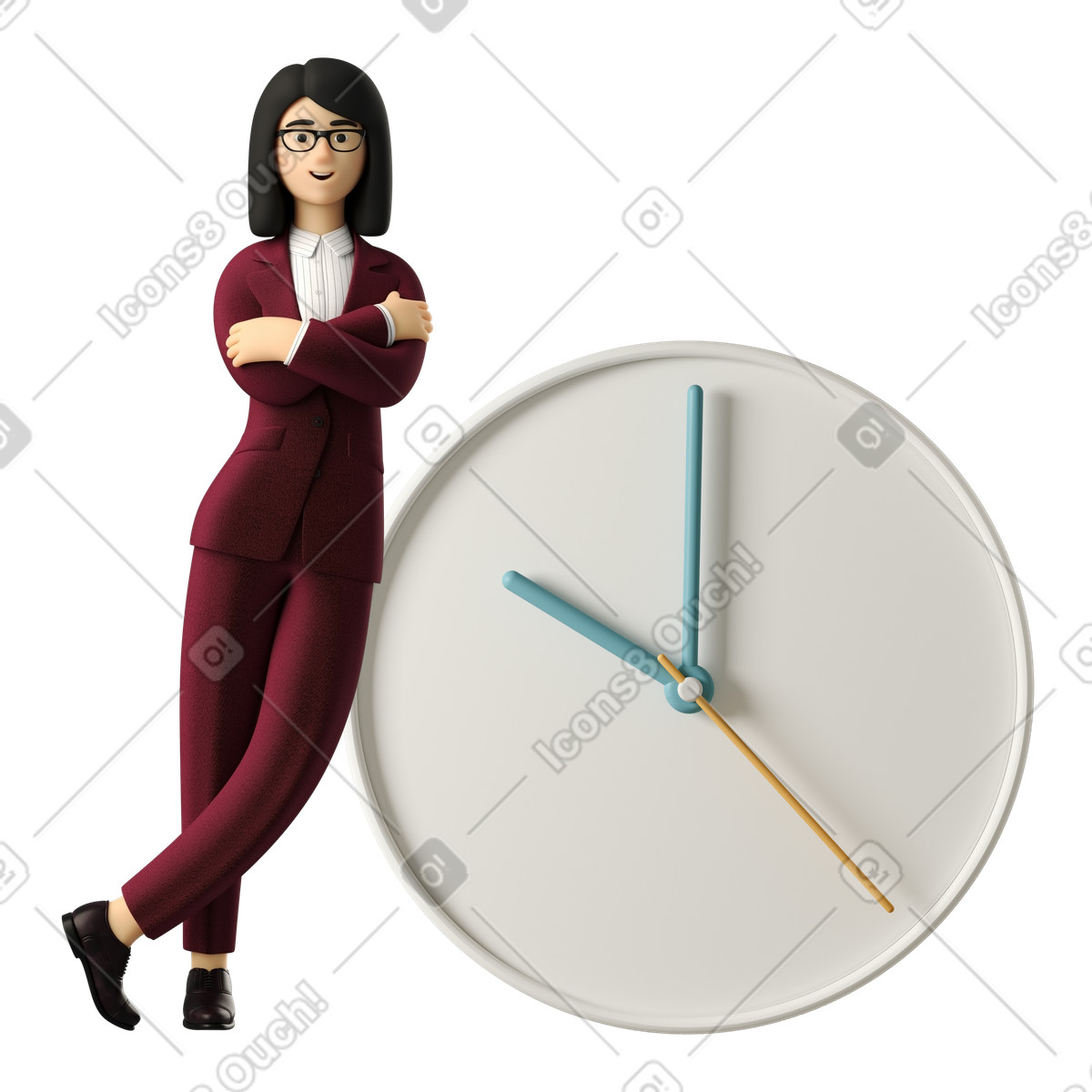 3D Business スタイルの 腕を組んで大時計に寄りかかっている実業家 のイラストをPNG、SVG形式でダウンロード