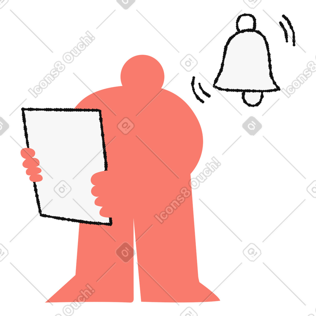 Illustration Notification alert bell near character holding tablet device screen dans le style Bold People à télécharger aux formats PNG, SVG