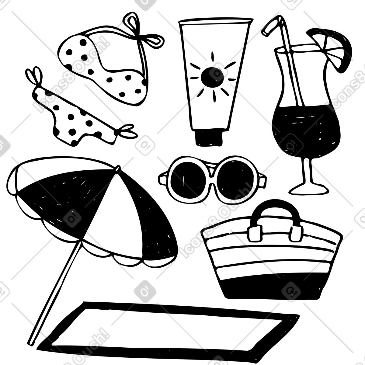 Articoli da spiaggia estivi per una vacanza illustrazione in stile Marks scarica in PNG, SVG
