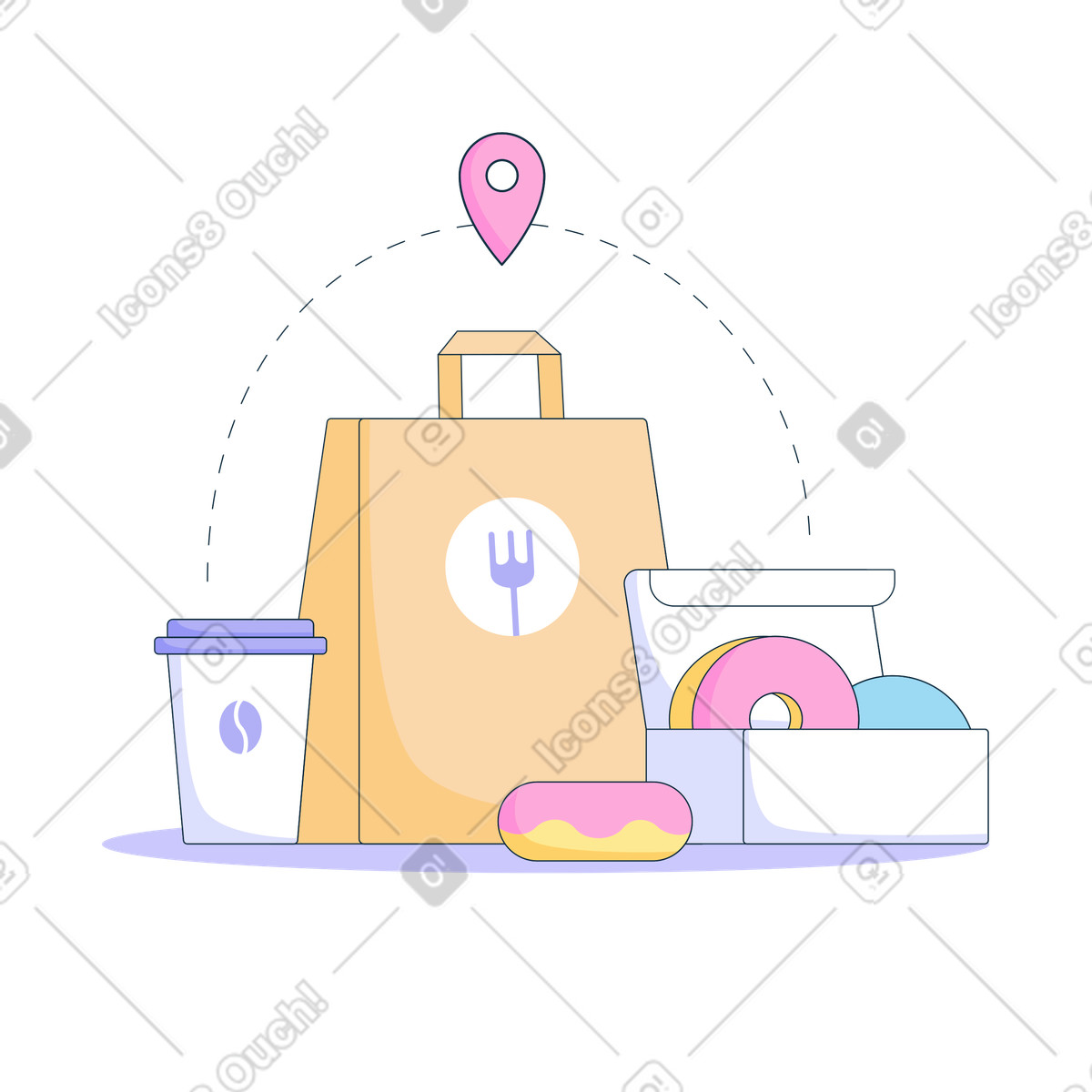 Delivery of coffee and donuts in a paper bag illustration Bubble gum style download PNG, SVG