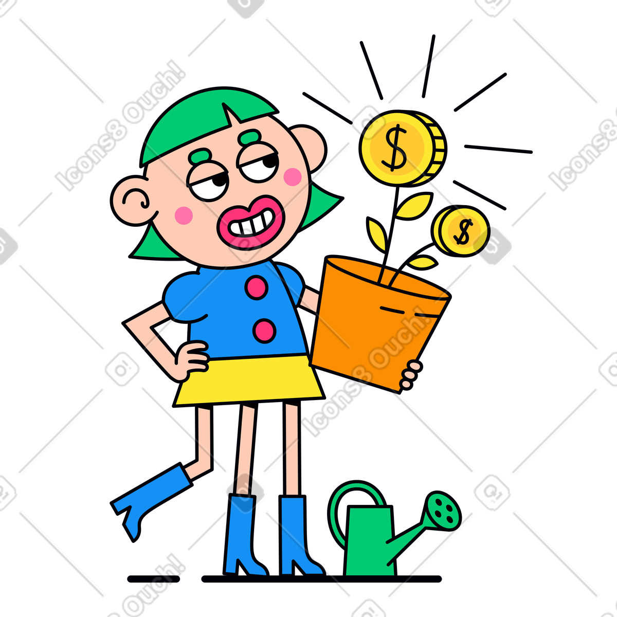 Ilustración Character holding money tree plant en estilo Droll a descargar en PNG y SVG