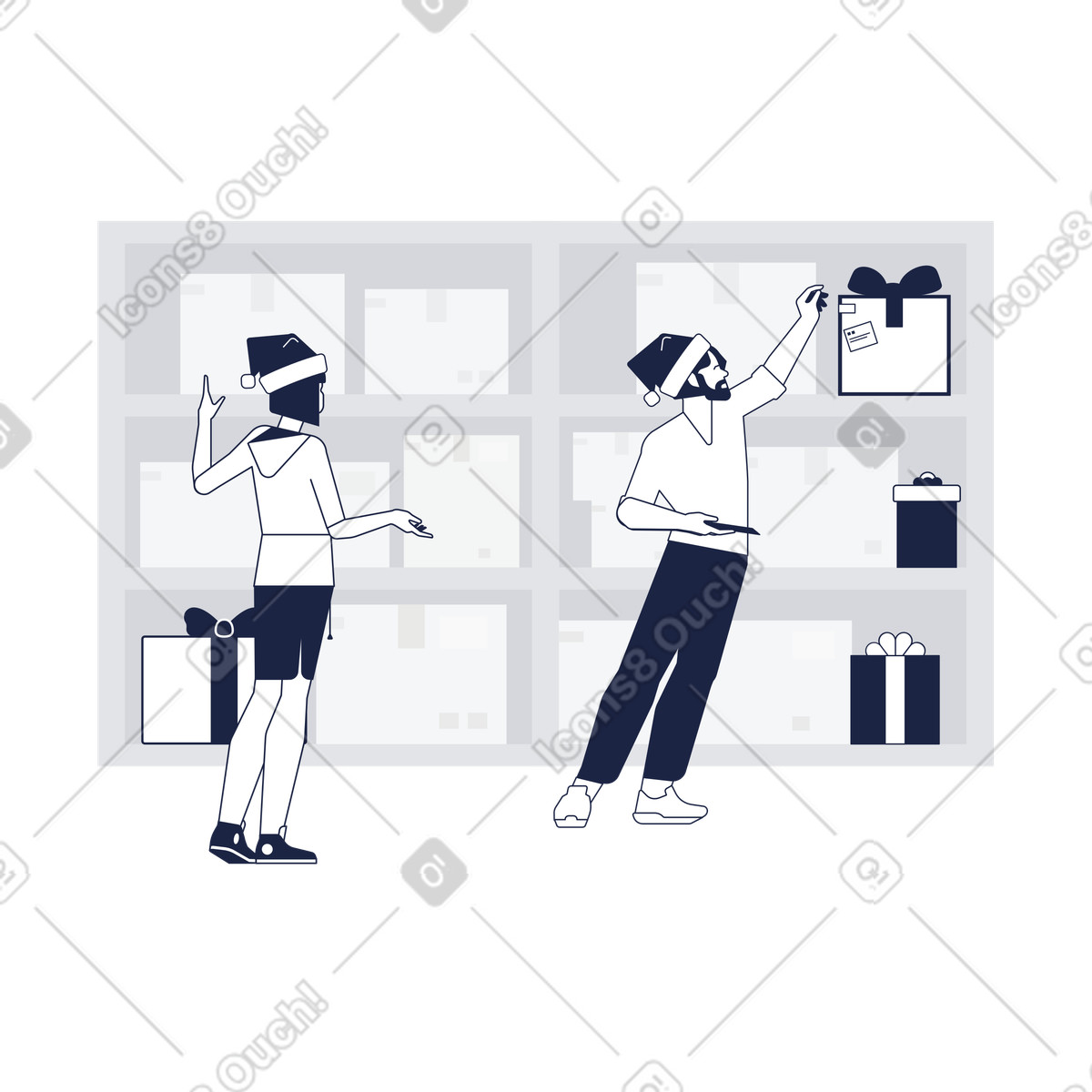 Warehouse workers at gifts illustration in Urban Line style download in PNG, SVG
