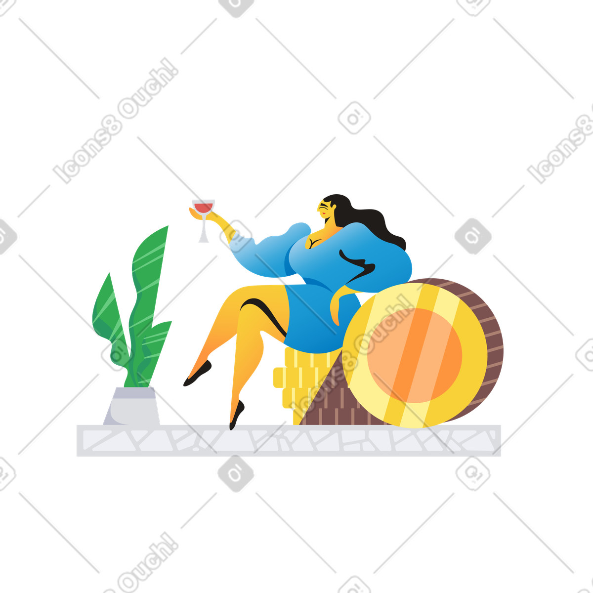 Donna seduta su un mucchio di monete con drink illustrazione in stile Jaconda scarica in PNG, SVG