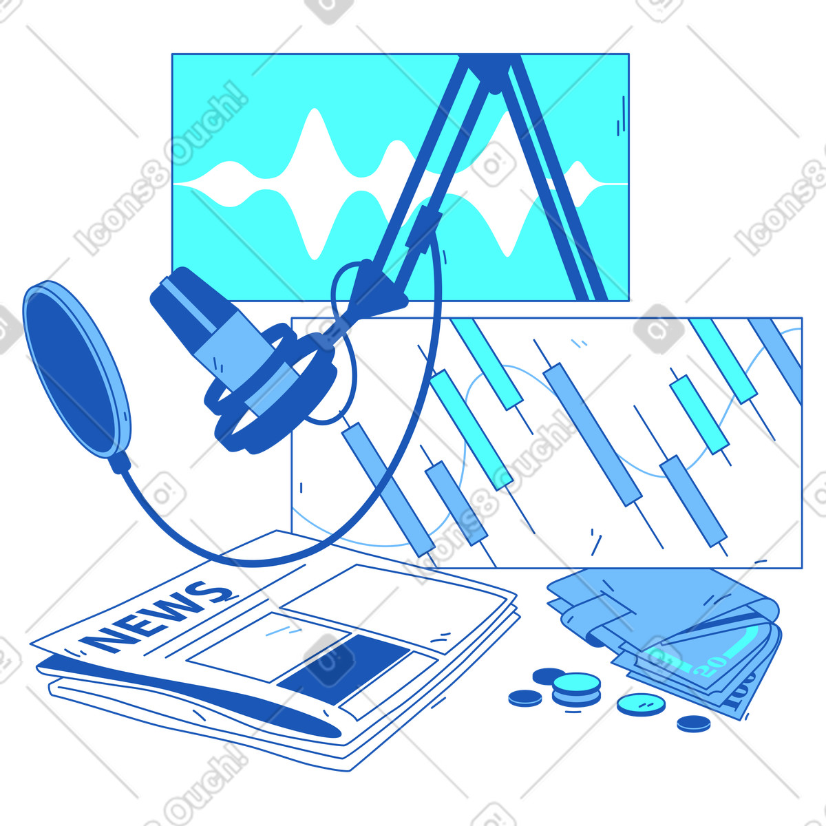 Aufnahme eines finanz- oder business-podcasts animierte Illustration im Storyline-Stil als Download in GIF, Lottie (JSON), AE