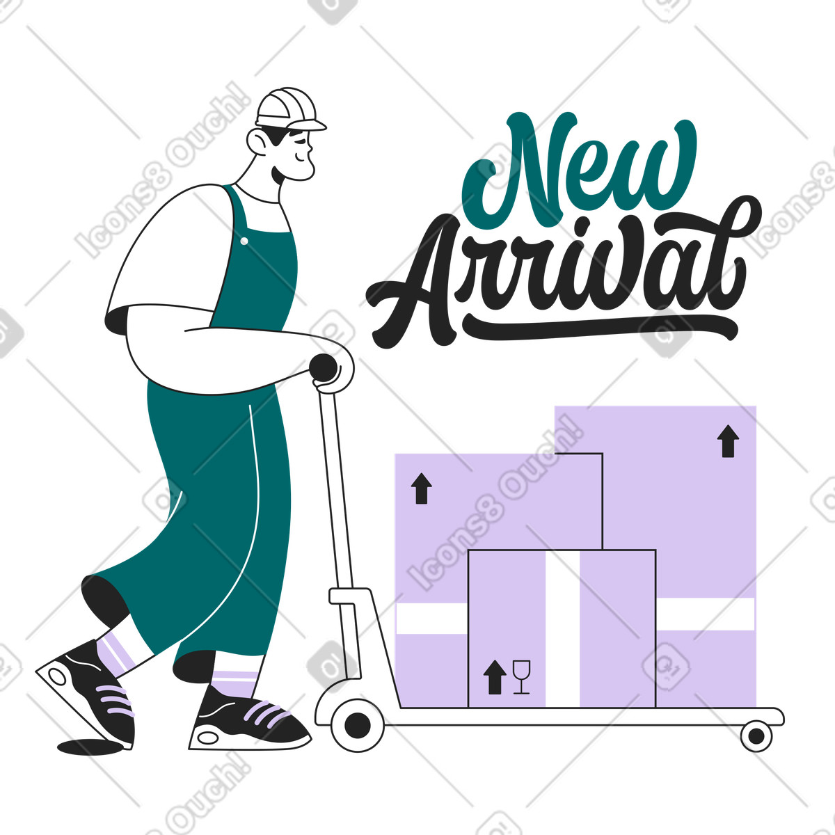 Loader transporting packages on pallet jack, New product arrival and inventory update illustration in Sammy Line style download in PNG, SVG