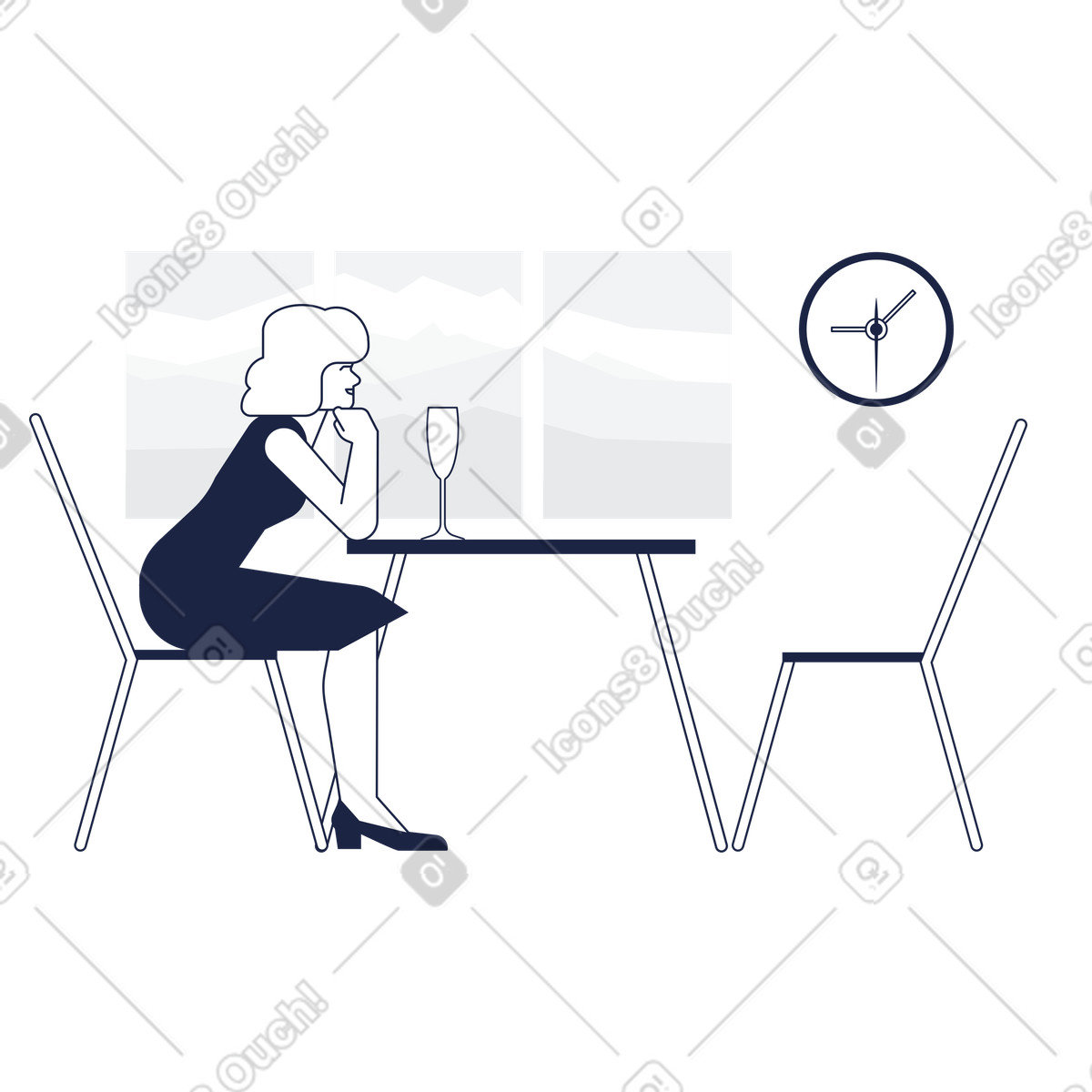Woman with glass of champagne waiting for somebody in restaraunt illustration in PNG, SVG
