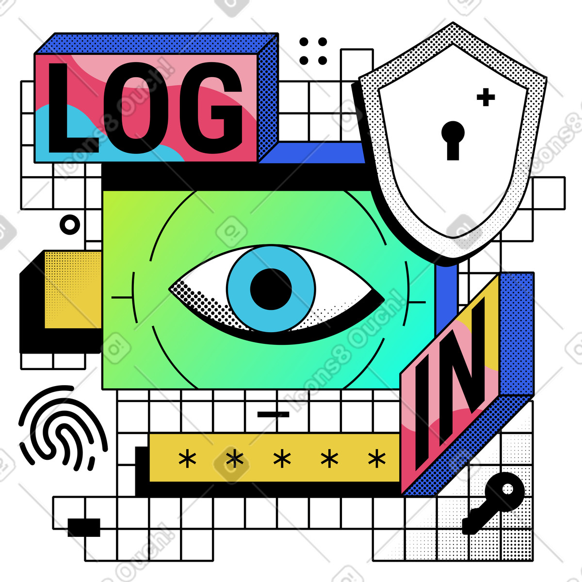 Memphis スタイルの 生体認証とアカウントログイン のアニメーションイラストをGIF、Lottie (JSON)、AEでダウンロード