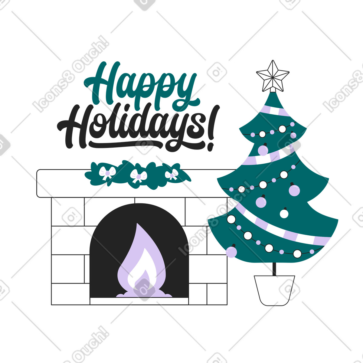 Ilustración Cozy fireplace and Christmas ornaments, Winter holiday celebration en estilo Sammy Line a descargar en PNG y SVG