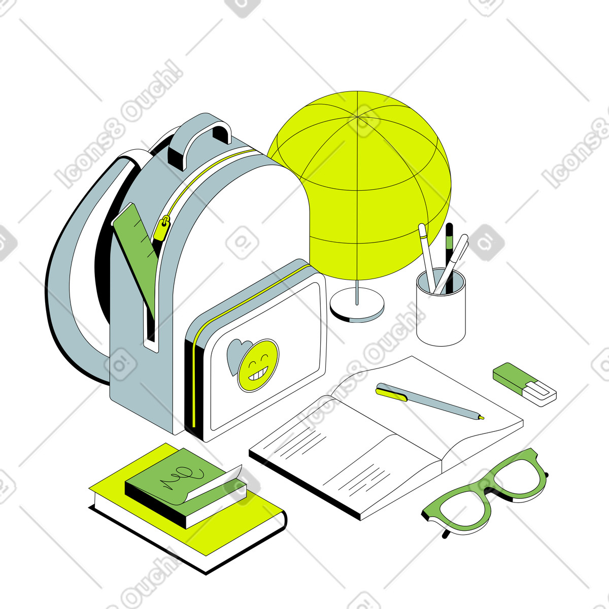 School supplies and backpack on desk illustration environment clipart graphics and vectors