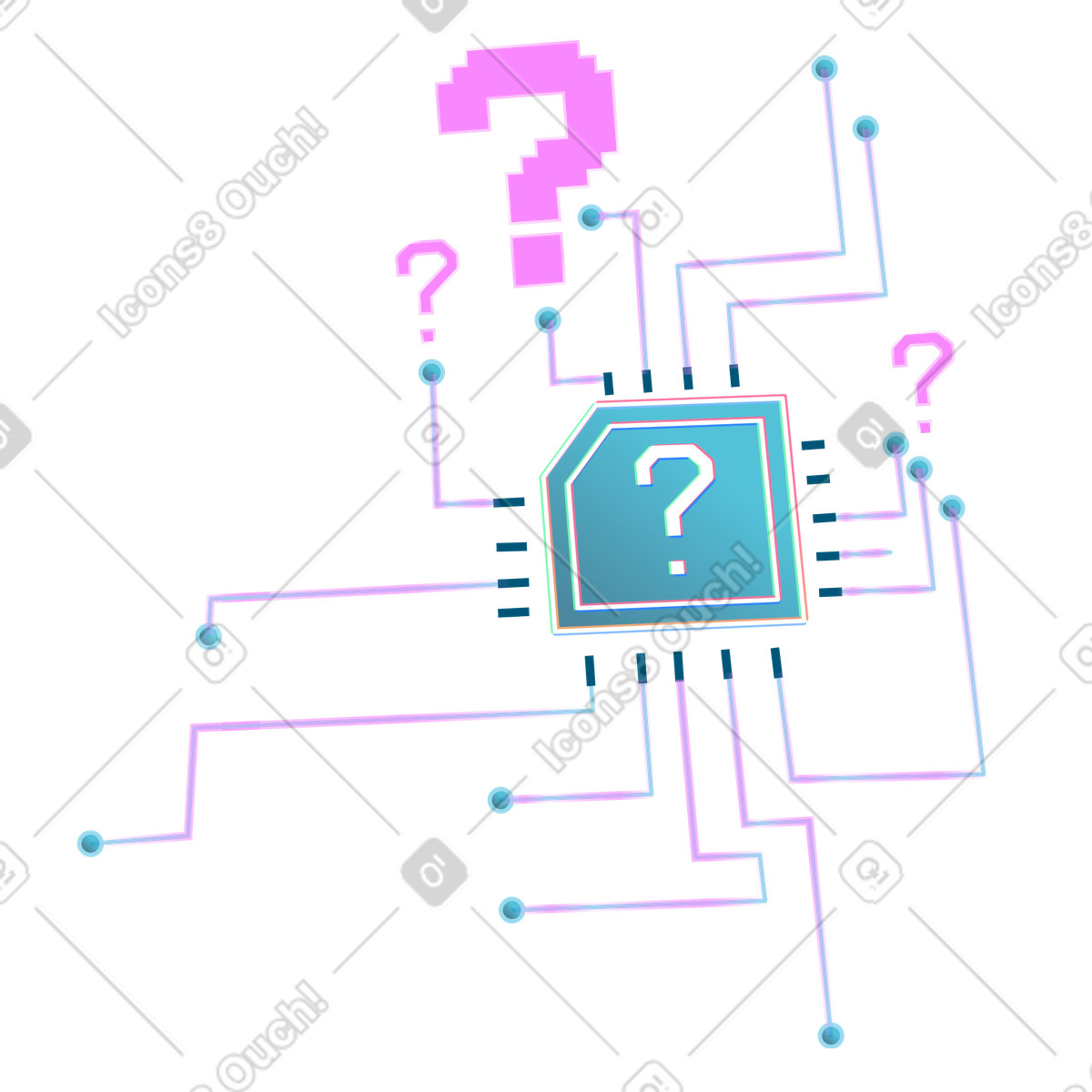 Neon スタイルの Abstract microchip with circuits and question marks, Hardware issues technical troubleshooting のイラストをPNG、SVG形式でダウンロード