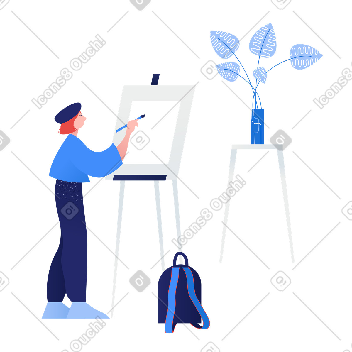 Ilustración Artista aspirante pintando sobre lienzo durante una lección de arte en estilo Clip a descargar en PNG y SVG