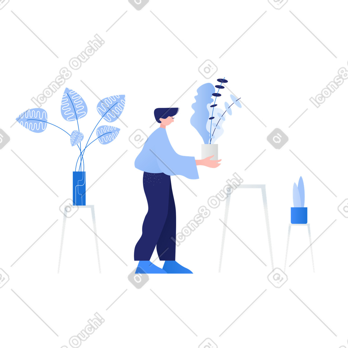Das hobby des mannes, sich um zimmerpflanzen zu kümmern-Illustration im Clip-Stil als Download in PNG, SVG