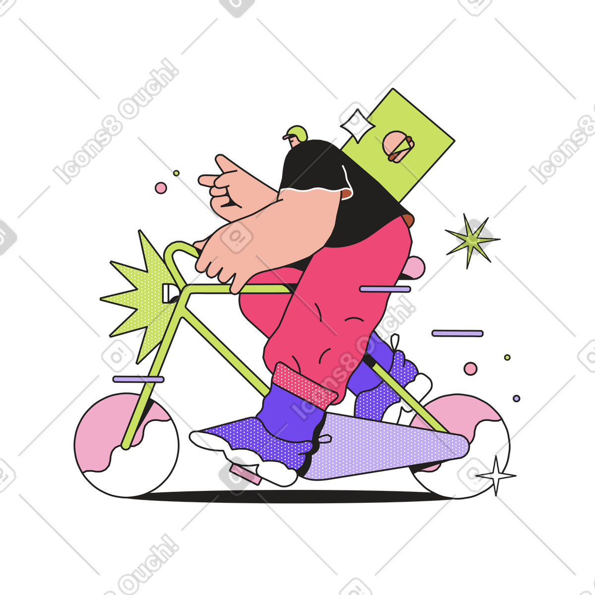 Ilustración Courier on bicycle with food delivery bag, meal and logistics en estilo Dazzle a descargar en PNG y SVG