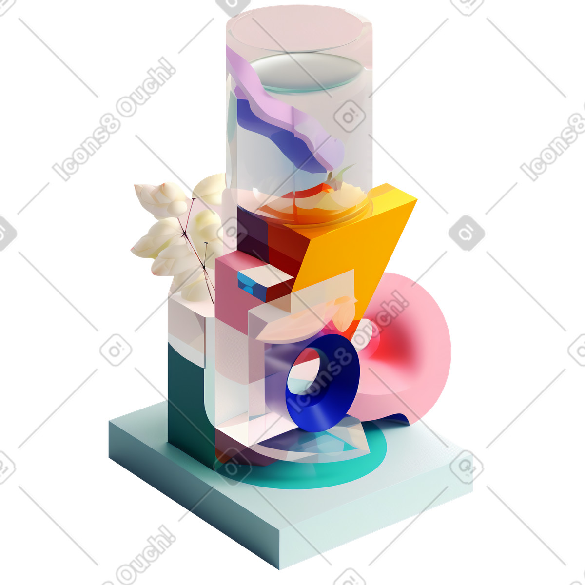 Abstract composition with flowers made of glass illustration in 3D Construction style download in PNG, SVG