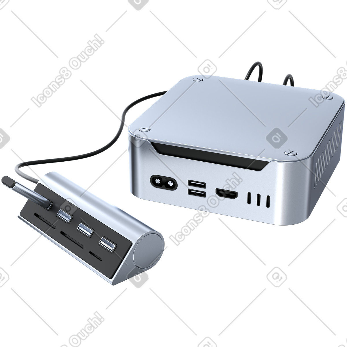 3D Pro スタイルの Mini pc and usb hub, hybrid workspace integration, enterprise hardware connectivity のイラストをPNG、SVG形式でダウンロード