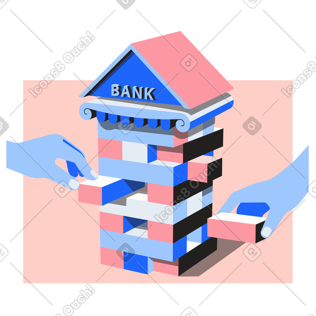 Bankinvestitionen, eine jenga-metapher-Illustration im Editorial-Stil als Download in PNG, SVG