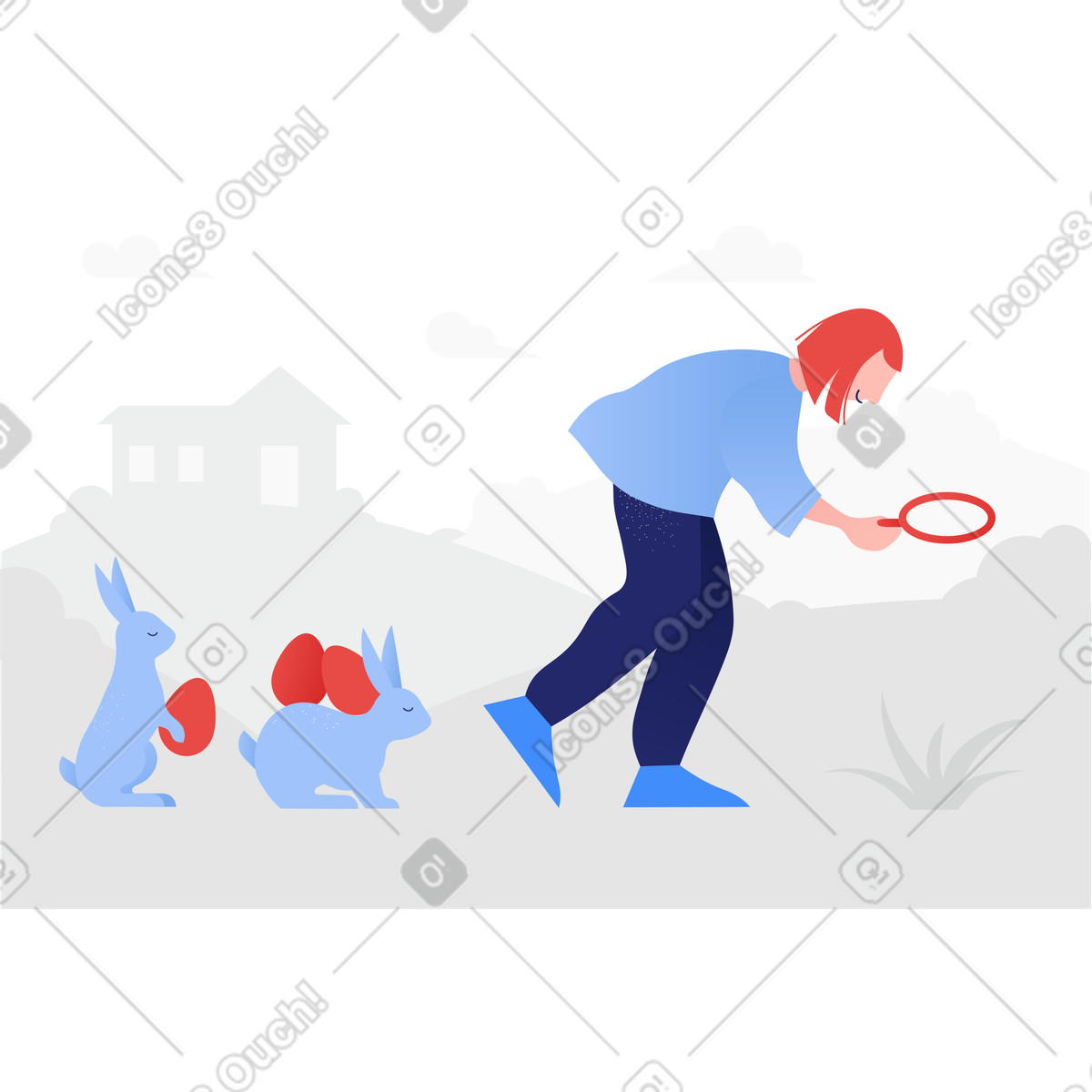 Outdoor egg search with magnifying glass, Holiday treasure hunt and Easter celebration illustration in Clip style download in PNG, SVG