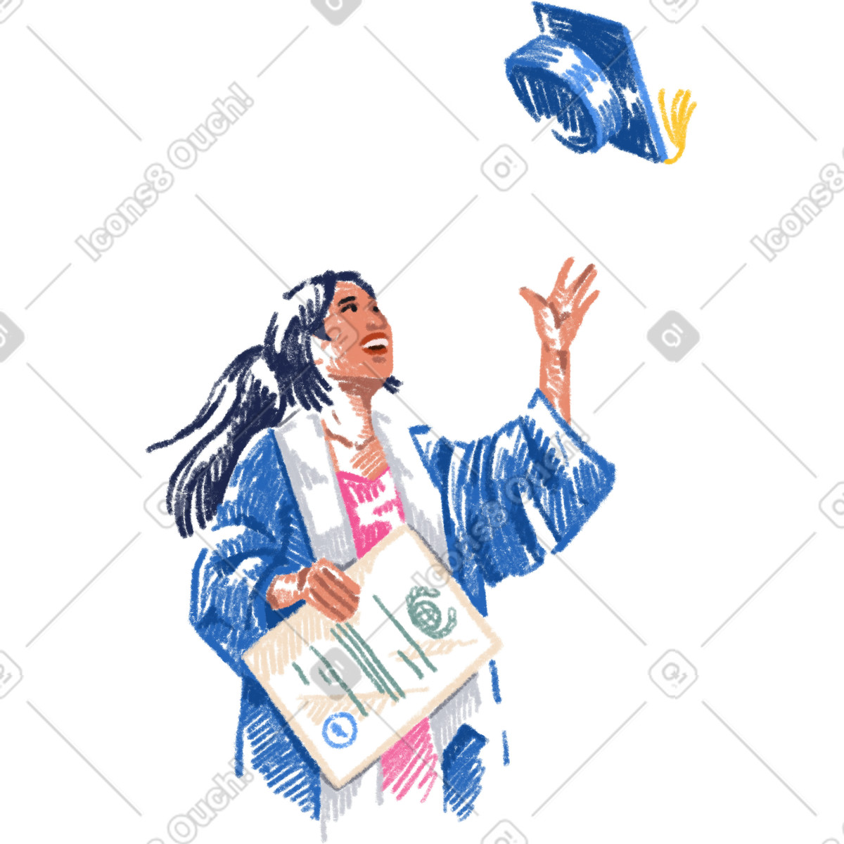 Ilustración Graduate young woman throwing cap en estilo Sketchbook a descargar en PNG y SVG