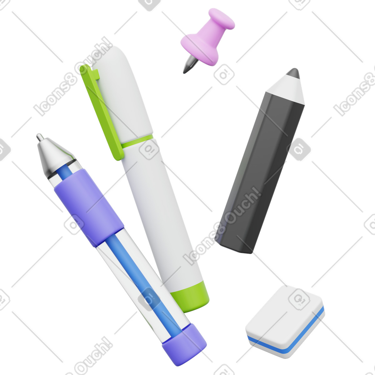 下载 3D Playful 风格的 School supplies kit with colorful writing tools for classroom education projects 插画，支持 PNG、SVG 格式