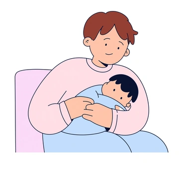 A parent with short brown hair is gently cradling a sleeping baby in their arms. The parent is wearing a soft, light-colored shirt, and their expression is calm and protective. The baby has a small head of dark hair and is peacefully tucked into a light blue blanket. The parent is seated on a simple, light-colored chair. The background is minimalistic, emphasizing the tender moment shared between them.