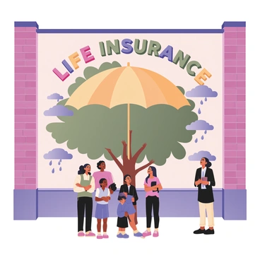 A large, colorful mural on a brick wall depicting the concept of "life insurance." In the center, there is a large, stylized tree with vibrant green leaves symbolizing growth and stability. Surrounding the tree are various elements representing protection, such as a large umbrella in bright yellow, arching over the tree, and ensuring it is sheltered from storms illustrated with blue clouds and raindrops. At the base of the tree, a diverse group of people, including individuals of different ages and ethnicities, stand together, smiling and looking up at the tree, conveying a sense of security and community. Above the tree, the words "Life Insurance" are written in bold, colorful letters, enhancing the mural's message of protection and peace of mind.
