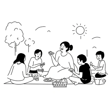 A fat woman is sitting on a picnic blanket, laughing with joy. She is wearing a comfortable, loose-fitting dress and has her hair tied in a loose bun. Surrounding her are friends and family members, all seated on the blanket. Some of them are holding plates of food, while others are sharing snacks. The park is filled with trees, and a few picnic baskets are placed around the group. A blanket of blue sky is overhead, and the sun is shining brightly.