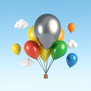 A whimsical scene of a lead balloon floating among regular balloons in a blue sky
