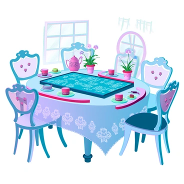 A whimsical tea party setup with a large, ornate table draped in a lace tablecloth. The table is adorned with an intricate Ouija board as the centerpiece, featuring detailed lettering and mystical symbols. Surrounding the table are mismatched chairs, each uniquely designed with floral patterns and vintage finishes. Delicate tea cups with intricate designs are placed at each setting, along with an array of colorful macarons and pastries on elegant plates. There are small potted plants with vibrant flowers adding a touch of greenery to the scene. Sunlight filters through a nearby window, casting playful shadows across the table.