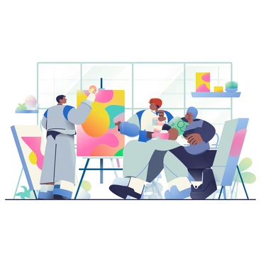 A group of three androids is actively creating art in a bright, modern studio. One android has a sleek silver body and is painting on a large canvas with vibrant colors, using a brush in its right hand. The second android, with a blue and white design, is sculpting a piece from clay on a table, focused on the details of the form. The third android, featuring a glossy black finish, is arranging various small sculptures on a nearby shelf. The studio is filled with various canvases leaning against the walls and colorful sculptures placed around the room. Large windows let in plenty of natural light, illuminating the creative workspace.