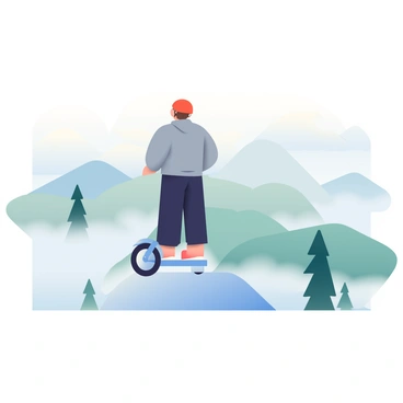 A Segway rider with short brown hair is standing on a fog-covered peak, surrounded by thick mist. The rider is wearing a gray jacket, black pants, and a red helmet for safety. The Segway is silver in color and is positioned beside the rider. In the background, there are rolling hills partially obscured by fog, creating an ethereal atmosphere. Dark green trees can be seen emerging from the mist, and soft light filters through the fog, illuminating the scene. The rider appears to be looking out over the vast, mystical landscape, where hints of distant mountains are barely visible through the haze.