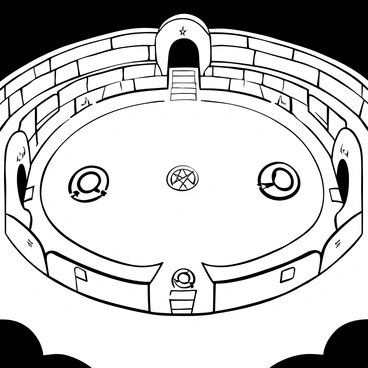 An open arena with a large circular area marked by stone walls. The ground is covered with intricate magical sigils that are glowing, casting light across the arena. There are two separate areas within the circle, each with a different set of sigils, indicating the positions for two wizards preparing for a duel. The atmosphere is charged with energy, enhancing the sense of anticipation. Surrounding the arena, there are several stone benches for spectators, slightly shadowed in the background.
